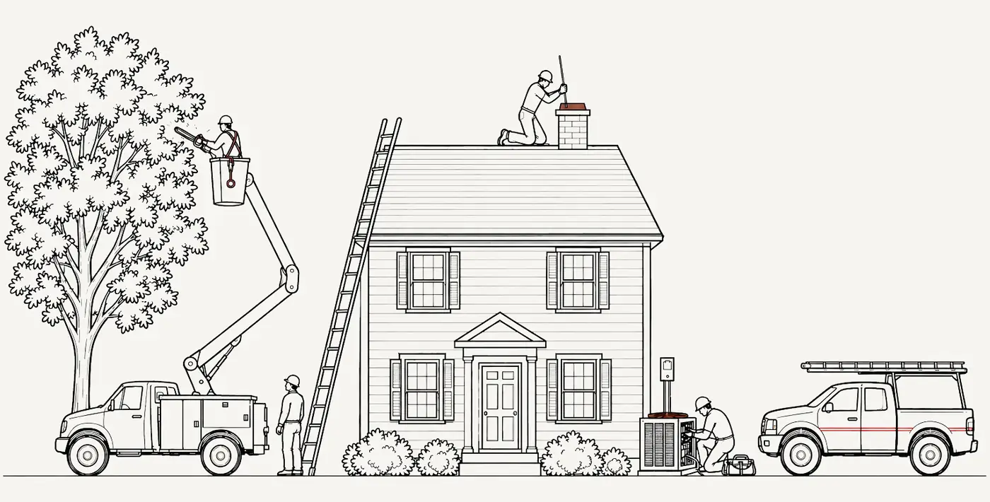 Line drawing of crews at work on a house: a tree crew in a bucket truck, a chimney sweep on the roof, and a technician at an air conditioner
